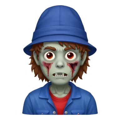 brown fluffy hair zombie with blue and white hat dark blue jilet red t shirt sticker