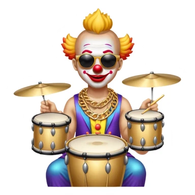 Clown with big golden chain on the neck wearing sunglasses plays drum kit full height sticker