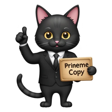 A cat in a black business suit holds a sign with the inscription "PrimeCopy" with one paw and shows a like with the other paw sticker