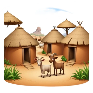 afrikanisches Lehmhüttendorf mit Gras und Ziegen sticker