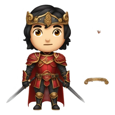Vintage Tanned man with black hair pointed chin and stern face wearing red and black armour holding sword vintage intricate patterns sticker