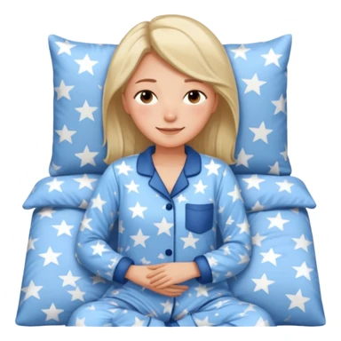 {
      "type": "human",
      "look": "woman in star-print pyjamas, soft blue set, sleepy smile",
      "description": "a woman in soft blue star-print pyjamas smiling sleepily"
    } sticker