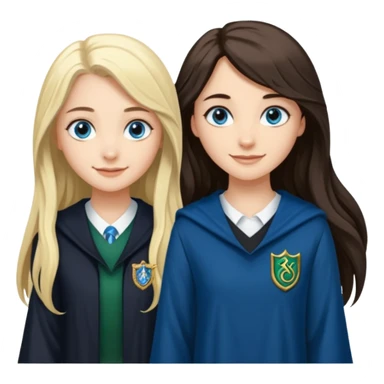 a pretty ravenclaw girl with long dark brown hair and blue eyes standing with a pretty Slytherin girl with long blonde hair, blue eyes sticker