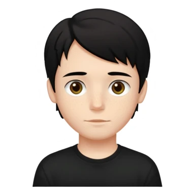 A beautiful boy with black hair and hazel green and brown eyes and white skin , with dark freckles and black t shirt with HAIRCUT: middle part hair hair with a center part haircut  sticker