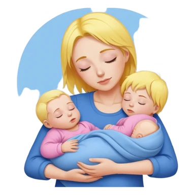 Mother is holding a baby, the mother has yellow hair and pink clothes, the baby is sleeping in blue clothes sticker