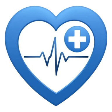 Minimal medical AI logo emoji, heart or shield shape, broken ECG line stylized as letters AI, flat vector style, clean modern healthcare design, blue and white, trustworthy, simple sticker