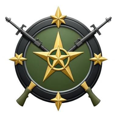 Insignia militar realista para videojuegos de guerra (estilo Delta Force), forma de escudo metálico con bordes desgastados. Incluye:

Símbolo: [fusiles cruzados / águila / estrellas / espada] Insignia redonda con fusil cruzado y una estrella, metal rayado, verde oliva y negro. sticker