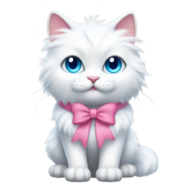 White fluffy cat with blue cute eyes with pink bow on top of the head on the right side (don’t make it just face, make the whole cat with fluffy tail) sticker