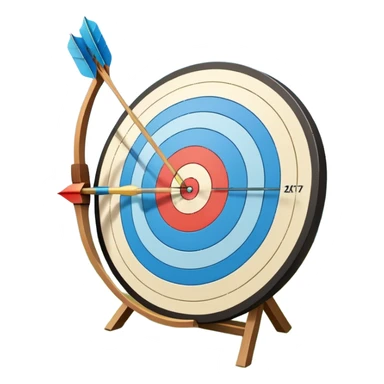 A bow with an arrow drawn back, aimed at a target with concentric rings. The background suggests a calm, outdoor archery range, emphasizing the precision, focus, and skill required in archery as a competitive sport. sticker