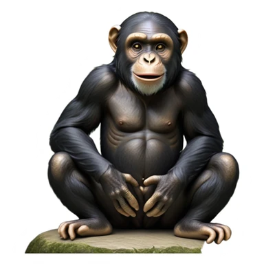 cinematic-noble chimpanzee-realistic-full-body-sitting-emoji,-long-powerful-arms-resting-on-its-knees,-expressive-dark-eyes-filled-with-intelligence-and-curiosity,-coarse-black-fur-textured-and-detailed,-softly-wrinkled-face-hinting-at-a-mischievous-smile,-slightly-open-mouth-showing-a-glimpse-of-teeth,-simplified-yet-realistic-focused-features,-highly-detailed,-glowing-with-a-warm-jungle-light

 sticker