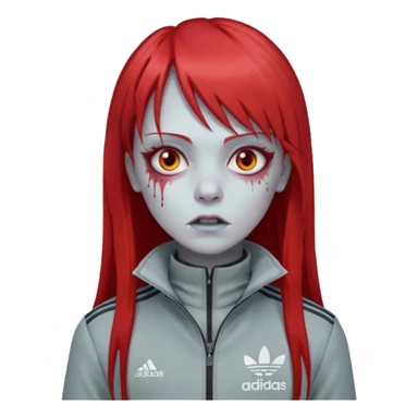 Crie um emoji de uma menina zumbi  com o cabelo vermelho longo com uma franja reta casaco de gola alta da adidas sticker