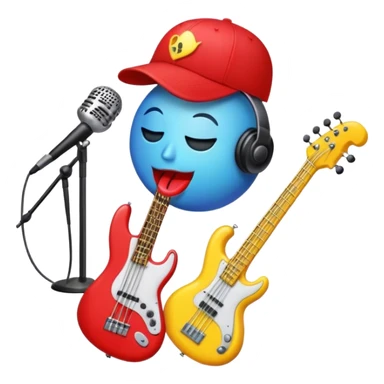 Create a vibrant and creative emoji that represents beatboxing. The design should feature a microphone with a cap placed on top, with oversized lips peeking out from under the cap. From the lips, bass clefs should be flying out, along with a variety of musical instruments (like a drum, electric guitar, and piano keys) to symbolize the blend of rhythm and creativity in beatboxing. Use bold, energetic colors like neon red, yellow, and blue to capture the lively and street-savvy essence of beatboxing. The background should be transparent. sticker