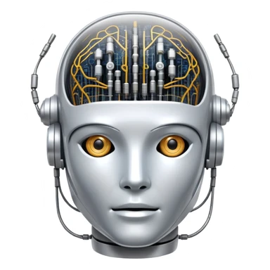 An icon featuring a humanoid robot head, neural network connections, and binary code, symbolizing artificial intelligence. The design includes a brain with circuits and machine learning algorithms, representing the study and development of intelligent systems. Transparent background  sticker