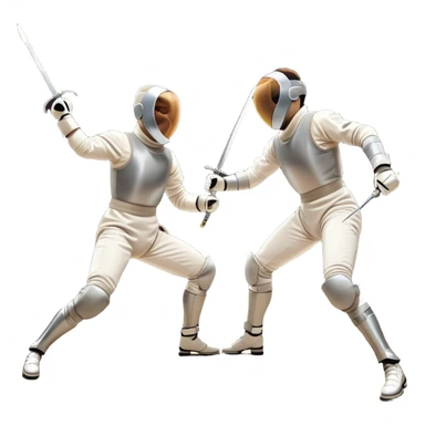 Two fencers in full protective gear and masks duel on a professional piste, swords clashing mid-air. Dynamic lunges and defensive stances highlight the intensity of the sport. The background features a stylized fencing arena with bright lights. Transparent background sticker