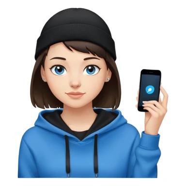 brunette girl with very short buzzed hair on the sides above her ears. the top of her hair is short brunette. she is wearing a black beanie that a side bang can be seen under. this girl needs blue eyes and a black hoodie. i want her to be smirking sticker