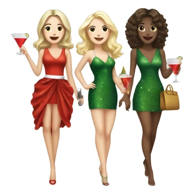 2 brunette white girls and 1 blonde white girl drinking cocktails together wearing Christmas tree dresses sticker