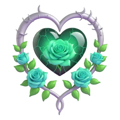 gothic heart made of smoky onyx glass, silver crescent moon, glowing emerald roses, holographic stardust, neon green lightning, wet and cracked glass sticker