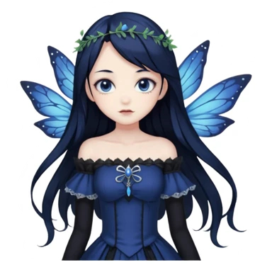 Gothic anime fairy with long beautiful black hair and dark blue dress, pastelcore, sticker