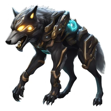 Warframe-inspired wolf Warframe with sleek biomechanical armor, a snarling wolf-like helmet, glowing eyes, and clawed gauntlets. Dark metallic colors with glowing energy lines, blending feral agility and deadly stealth. sticker