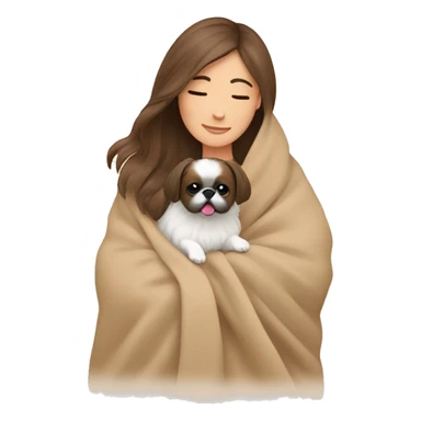 A Women with brown hair is cradling her Pekingese in a beige blanket sticker