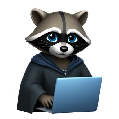 A raccoon with a blue mask over his eyes that doesn't cover the rest of his body, in a black cloak, holding a laptop and writing something on it sticker