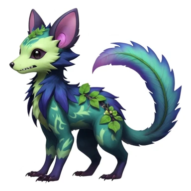 Realistic Sharp swampy mossy elemental ivy floral detailed Colorful translucent luminescent glowing Trico-Noibat-batty-Sergal-Furret-Ferret-Wolverine-Vernid-furry-fursona-fusion-Fakemon-animal-hybrid-creature, full body sticker
