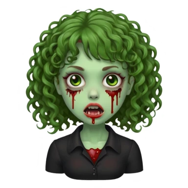 Green zombie emoji girl with curly Brown hair, with curly bangs, wearing a black bluse, blood Just in the tongue  sticker
