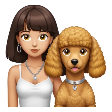 Girl with long dark brown hair with bangs and brown eyes with lash extensions wearing a white tube top and a silver necklace. with a big yellow standard poodle￼ sticker