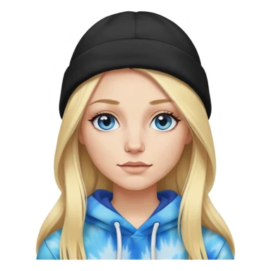 White woman with long blonde straight hair and blue eyes with long eyelashes and tiedye hoodie. i would like for her to be wearing a black beanie with dueces on it sticker