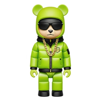ultra-detailed bearbrick figure with perfect cube head and geometric body, wearing premium lime green balaclava with sleek integrated black visor lens at eyes, luxury oversized designer puffer jacket with prominent logo and lavish fur trim collar, heavy gold chains, streetwear icon sticker