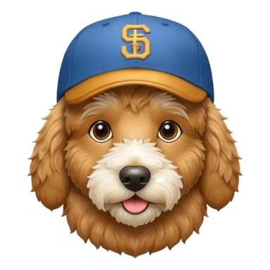 Golden doodle wearing a San Diego Baseball cap  sticker