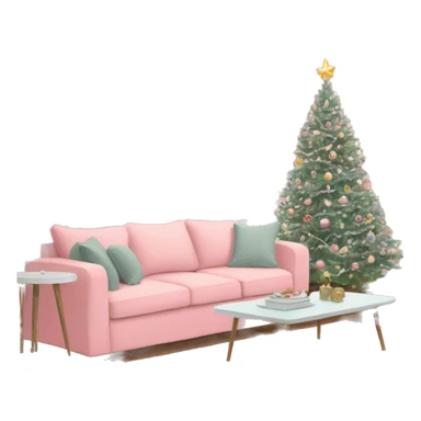 pastel pink living room with christmas tree and a sofa and a tv sticker