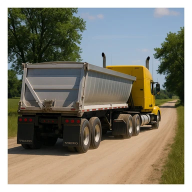 photorealistic rear view of a Volvo yellow semi sleeper truck with a long silver end dump trailer, not in dumping position, driving away down a dirt road with trees and grassy fields, sunny day sticker