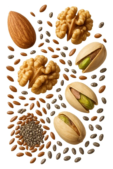 Mandorle, noci, pistacchi, semi di lino e di chia FLUTTUANO IN ARIA, IPERREALISTICO 4K sticker