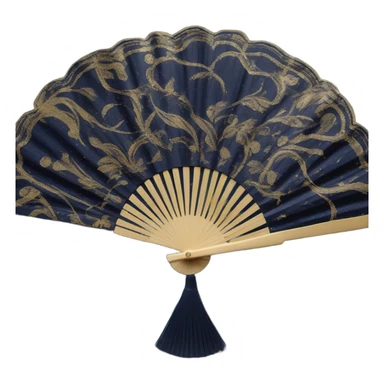 detailed and elegant navy blue hand fan with several gold accents and swirls, single fan sticker