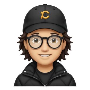 Young man wearing a black puffer jacket, black baseball cap, round black glasses, wavy hair peeking out from under the cap, smiling
 sticker