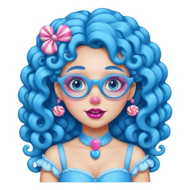 blue long curly haired princess of the candyland, with candy makeup candy glassess and just face sticker