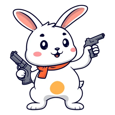 A cartoon rabbit holding and shooting with a gun sticker