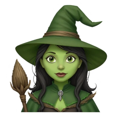 elphaba the wicked witch from wicked movie (cynthia erivo) dark long textured hair, thick lips, green skins, witch hat, witch broom sticker