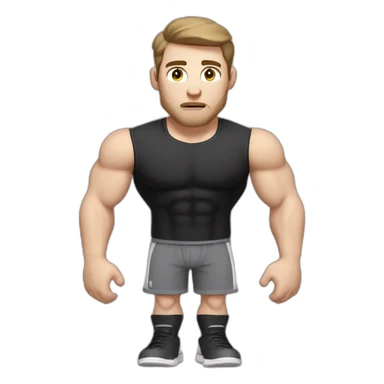 Confused Pale skinned Fit Man With the biceps and dark brown hair in black shirt, gray sports shorts and white Sneakers sticker