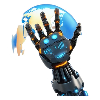 "Earth held by a futuristic robotic hand, glowing with blue and orange digital lines, with a high-tech and futuristic atmosphere." sticker