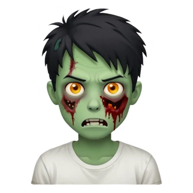 Rosto de frente classico de zombie boca meio torta cabelos medios grandes pretos bagunçados low fade com pele verde clara camiseta branca sem nenhum sangue no rosto e com cabelo bem adolescente e bagunçado sticker