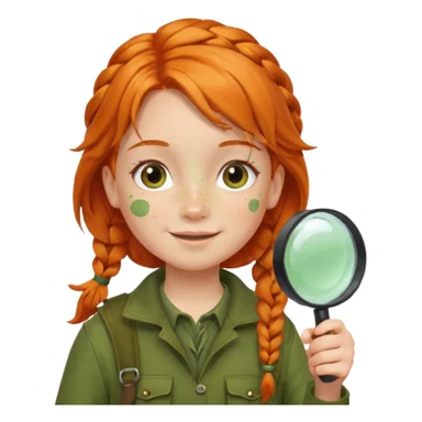 braid orange haired girl kid in moss green explorer outfit, holding magnifying glass, smile sticker