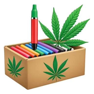 a box of colorful permanent markers with cannabis leaf sticker