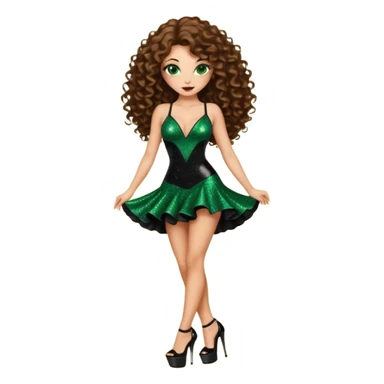 green eyes brown long curly hair woman, cartel boss with 7 inch platform stripper high heels black glitter dress, Los Angeles Spanish style black outfit sticker