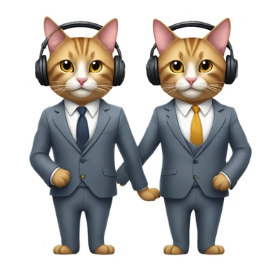 Two well-dressed cats in suits human bodies with cat faces and hands. Wearing headphones for a podcast. Happy faces. 
 sticker