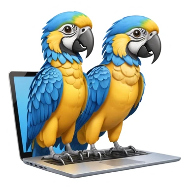 Two yellow and blue macaws using a laptop sticker