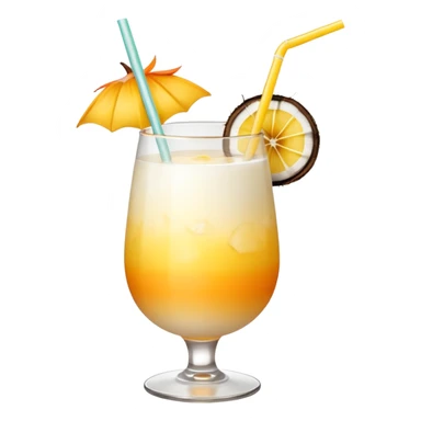 A beautiful cocktail with a creamy white to orange gradient, containing coconut juice and mango, reminiscent of summer. Above, there are tropical flowers, lemon slices, and straws. sticker