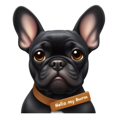 Mainly Black and a little Carmel colored french bulldog with a work name tag that says hello my name is bourbon  sticker