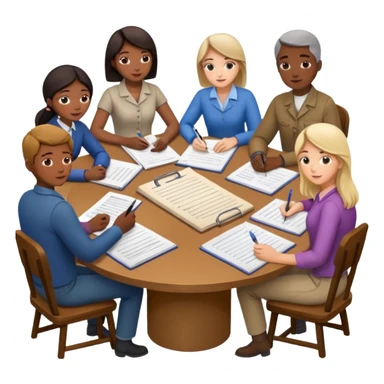 People sitting around a table with farm documents sticker